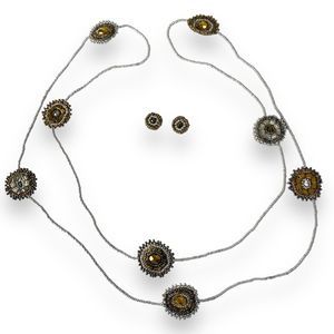 Beaded Necklace & Earrings Set Silver‎ Bronze Chain Long Layered Jewelry